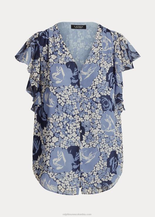 camisa de georgette arrugada con motivo floral mujer azul/crema/marino Ralph Lauren 2XR2V3973