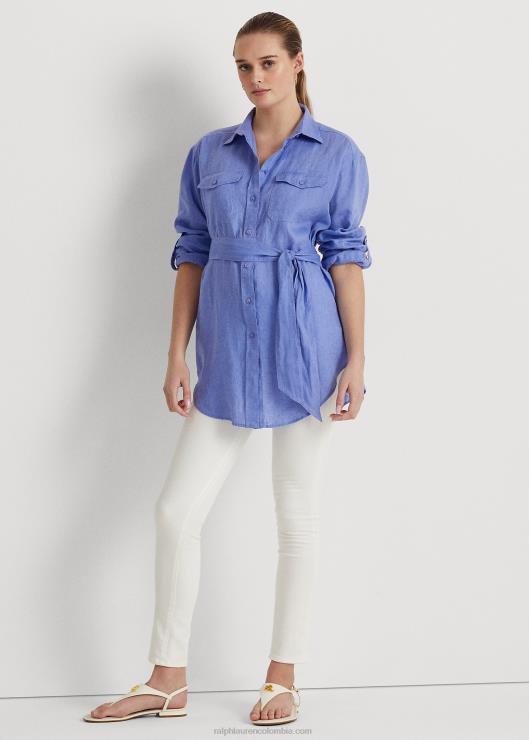 camisa de lino con cinturón mujer niebla azul Ralph Lauren 2XR2V4070