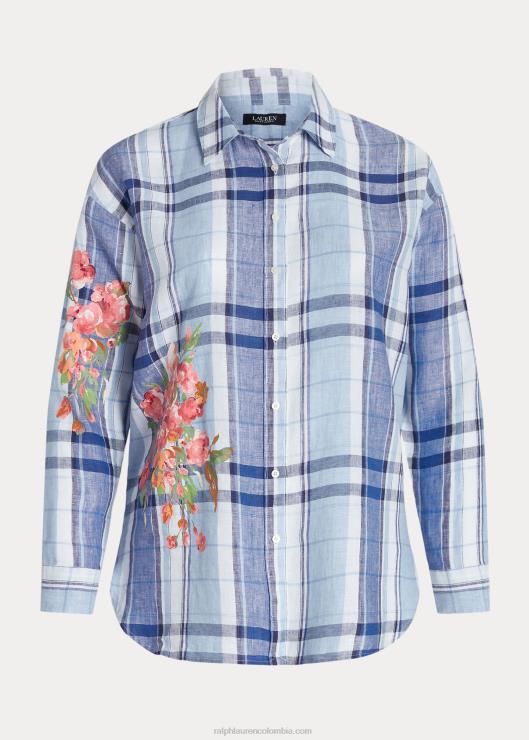 camisa de lino floral y cuadros mujer azul blanco Ralph Lauren 2XR2V4610