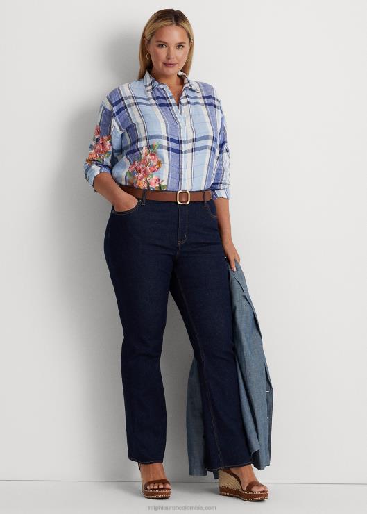 camisa de lino floral y cuadros mujer azul blanco Ralph Lauren 2XR2V4610