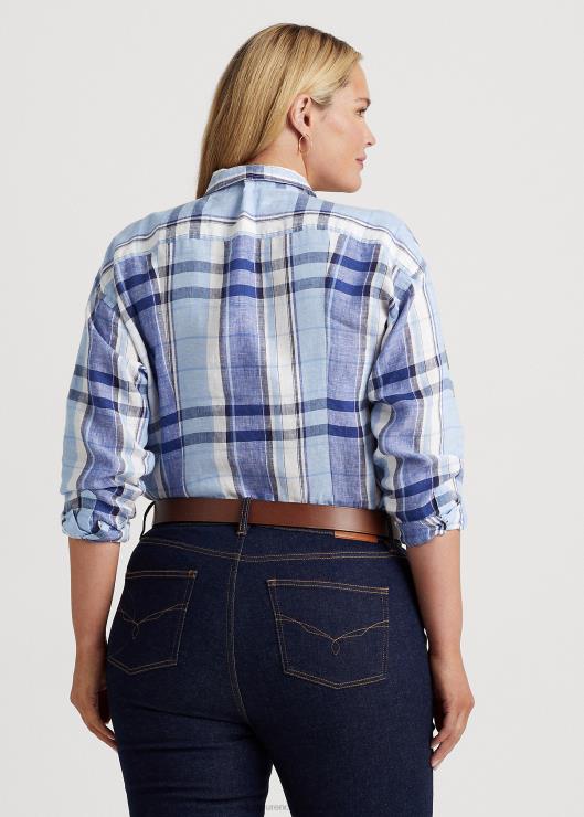 camisa de lino floral y cuadros mujer azul blanco Ralph Lauren 2XR2V4610