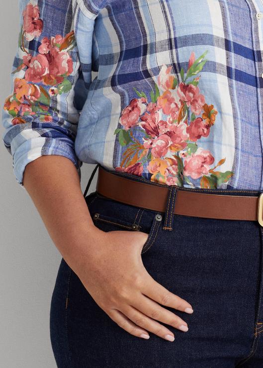 camisa de lino floral y cuadros mujer azul blanco Ralph Lauren 2XR2V4610