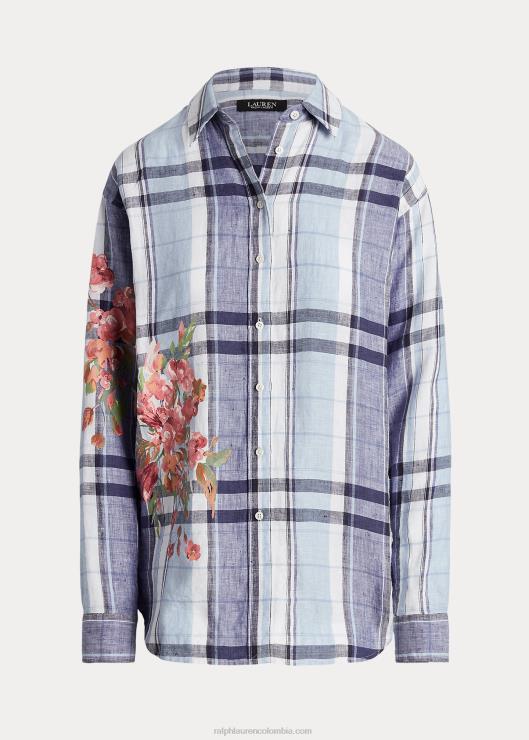 camisa de lino floral y cuadros mujer azul blanco Ralph Lauren 2XR2V4836