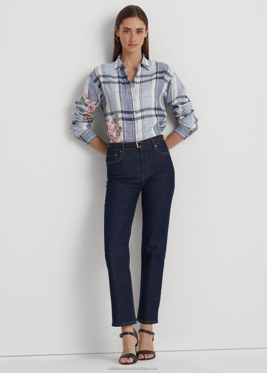 camisa de lino floral y cuadros mujer azul blanco Ralph Lauren 2XR2V4836