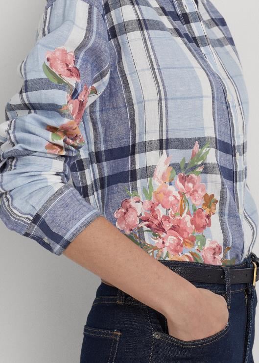 camisa de lino floral y cuadros mujer azul blanco Ralph Lauren 2XR2V4836