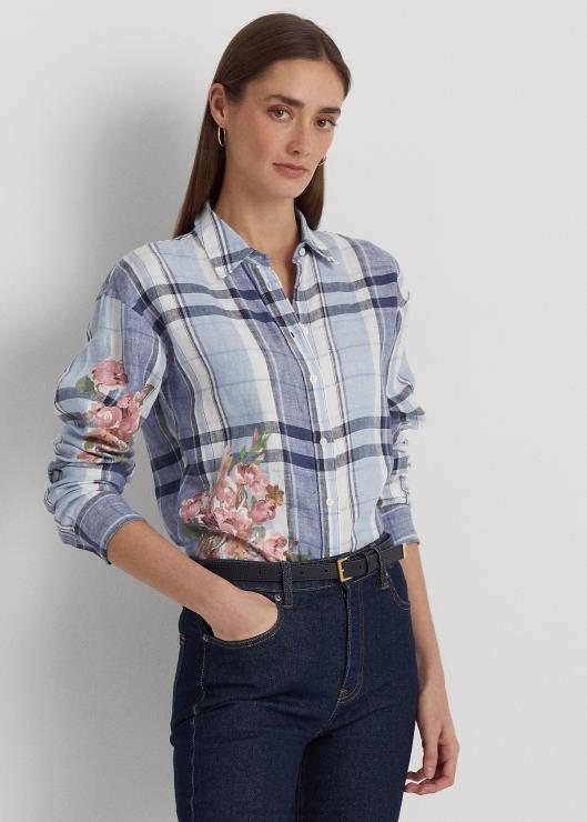 camisa de lino floral y cuadros mujer azul blanco Ralph Lauren 2XR2V9424
