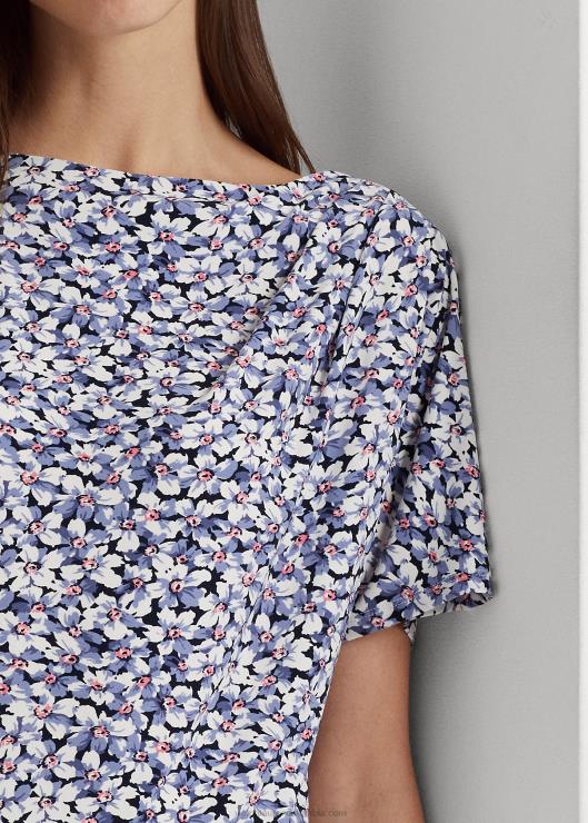 camiseta de jersey elástico con pliegues florales mujer azul/crema/rosa Ralph Lauren 2XR2V3960