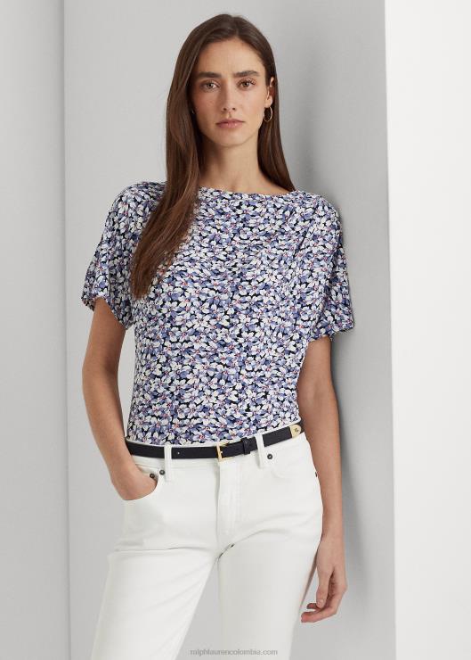 camiseta de jersey elástico con pliegues florales mujer azul/crema/rosa Ralph Lauren 2XR2V4832