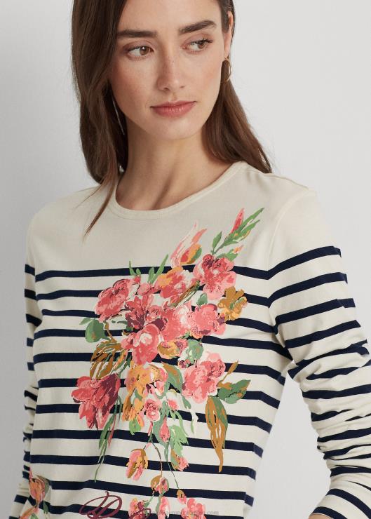 playera de manga larga con estampado floral y rayas mujer crema mascarpone/azul marino Ralph Lauren 2XR2V3951