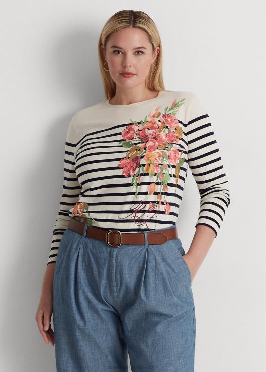 playera de manga larga con estampado floral y rayas mujer crema mascarpone/azul marino Ralph Lauren 2XR2V4596