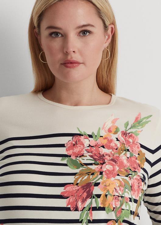 playera de manga larga con estampado floral y rayas mujer crema mascarpone/azul marino Ralph Lauren 2XR2V4596