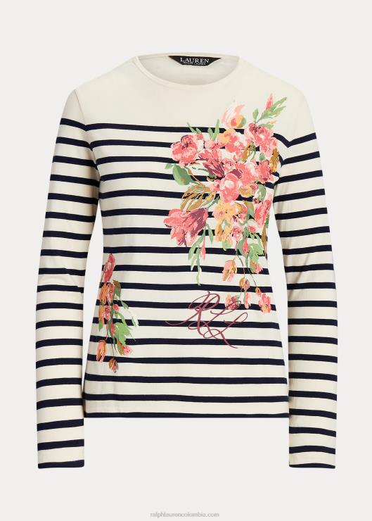 playera de manga larga con estampado floral y rayas mujer crema mascarpone/azul marino Ralph Lauren 2XR2V9468