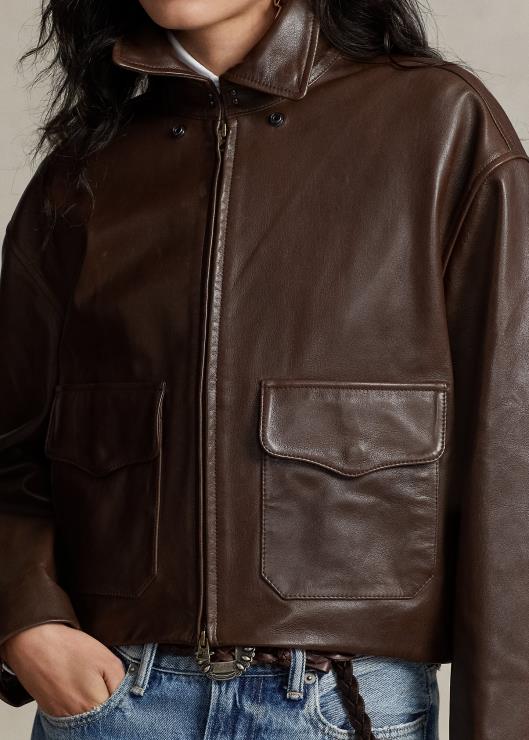 chamarra bomber corta de cuero mujer marrón Ralph Lauren 2XR2V3221