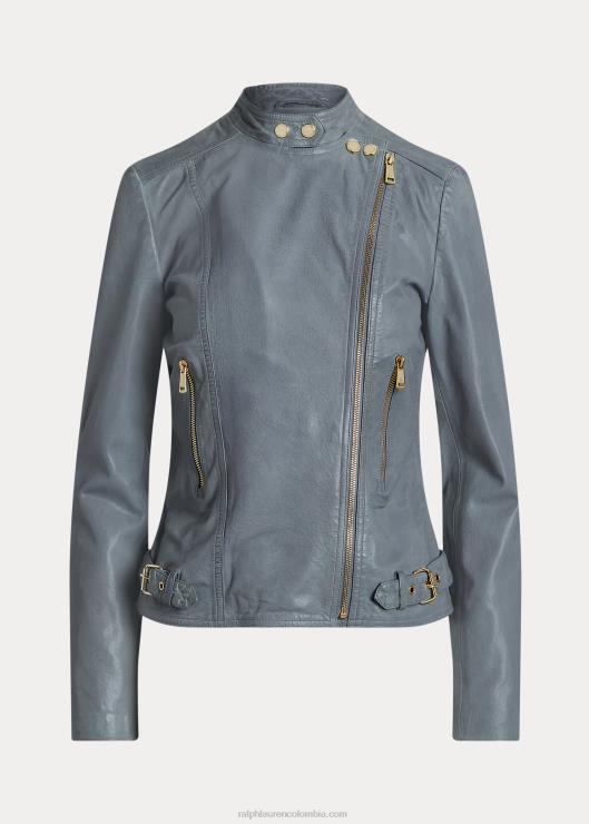 chamarra motera de cuero bruñido mujer cambray azul Ralph Lauren 2XR2V3968