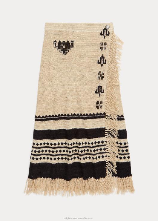 falda cruzada con flecos en jacquard de lino y seda mujer crema/negro Ralph Lauren 2XR2V3617