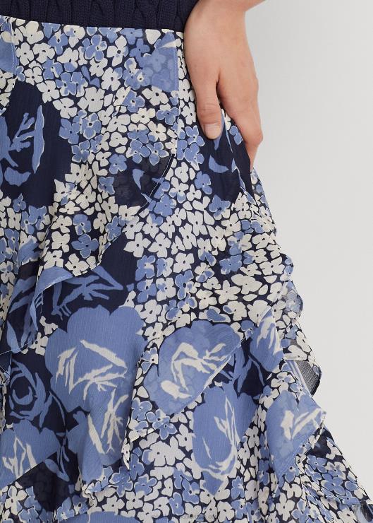 falda de georgette con ribete de volantes florales mujer azul/crema/marino Ralph Lauren 2XR2V4018