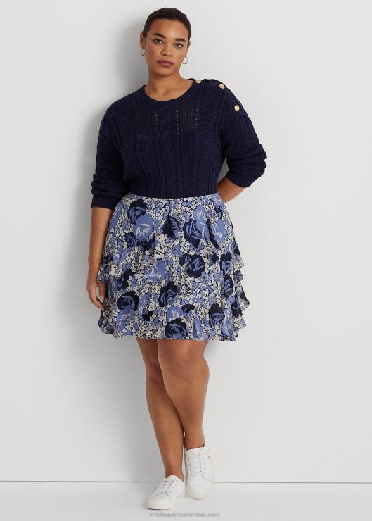 falda de georgette con ribete de volantes florales mujer azul/crema/marino Ralph Lauren 2XR2V4632