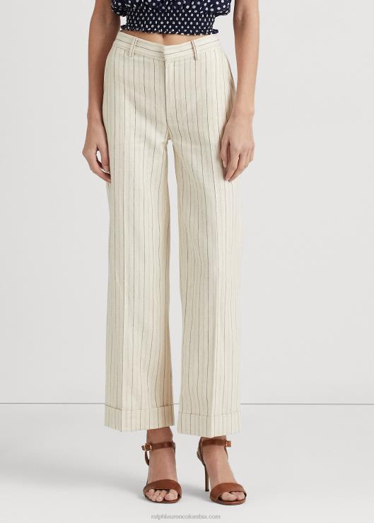 pantalones capri anchos de sarga a rayas mujer crema/azul marino refinado Ralph Lauren 2XR2V4402