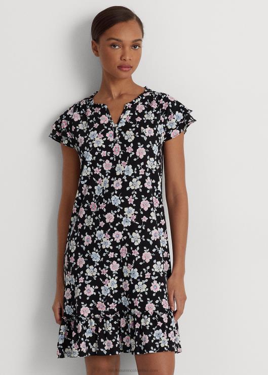 camisón de punto floral con mangas acampanadas mujer suelo negro floral Ralph Lauren 2XR2V9443