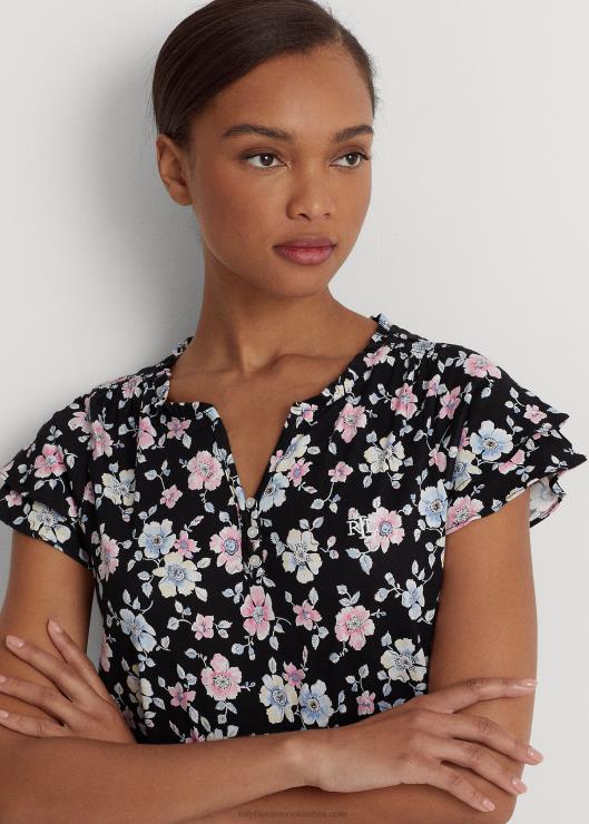 camisón de punto floral con mangas acampanadas mujer suelo negro floral Ralph Lauren 2XR2V9443