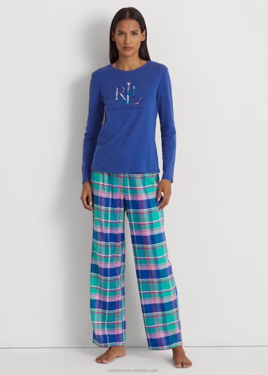 conjunto de pijama de manga larga a cuadros mujer cuadros azules Ralph Lauren 2XR2V9576