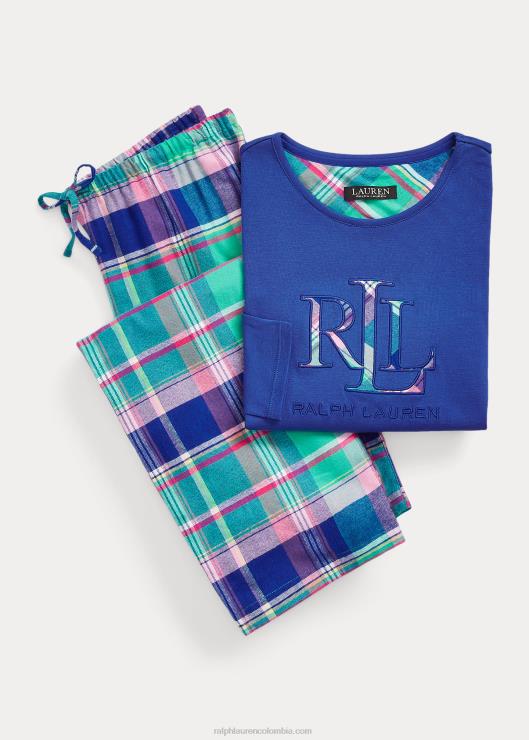 conjunto de pijama de manga larga a cuadros mujer cuadros azules Ralph Lauren 2XR2V9576