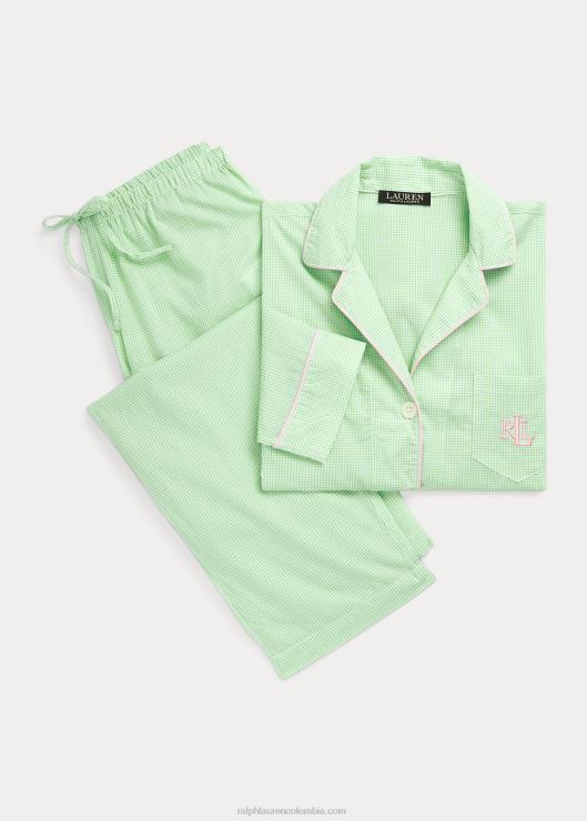 juego de dormir de jardinero de mezcla de algodón a cuadros mujer novela verde Ralph Lauren 2XR2V4136