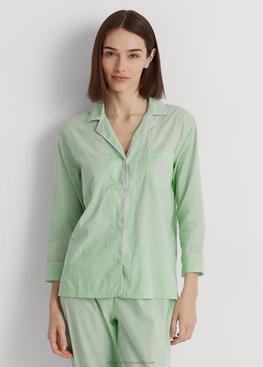juego de dormir de jardinero de mezcla de algodón a cuadros mujer novela verde Ralph Lauren 2XR2V4136