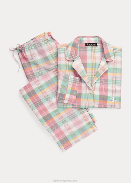 juego de dormir de jardinero de mezcla de algodón a cuadros mujer tela escocesa rosa Ralph Lauren 2XR2V4464