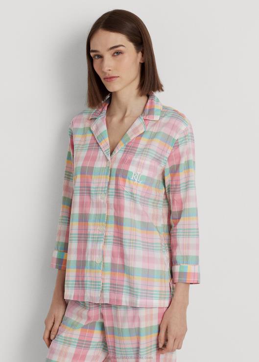juego de dormir de jardinero de mezcla de algodón a cuadros mujer tela escocesa rosa Ralph Lauren 2XR2V4464