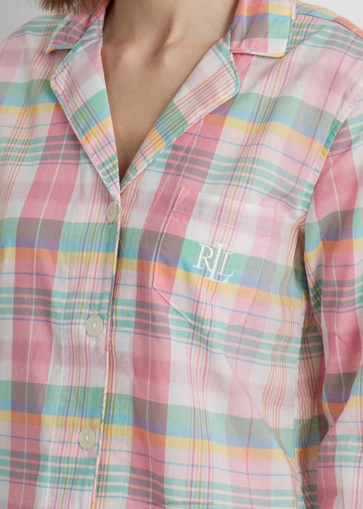 juego de dormir de jardinero de mezcla de algodón a cuadros mujer tela escocesa rosa Ralph Lauren 2XR2V4464
