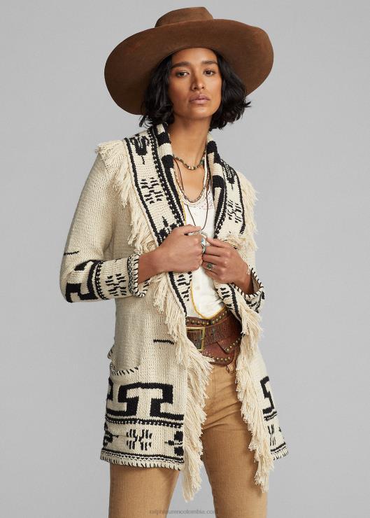 cárdigan tejido a mano de lino y algodón con flecos mujer crema/negro Ralph Lauren 2XR2V3619