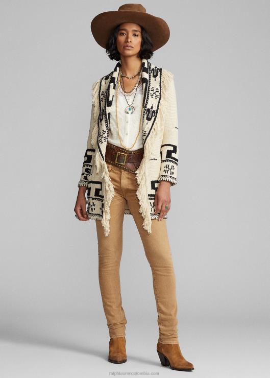 cárdigan tejido a mano de lino y algodón con flecos mujer crema/negro Ralph Lauren 2XR2V3619