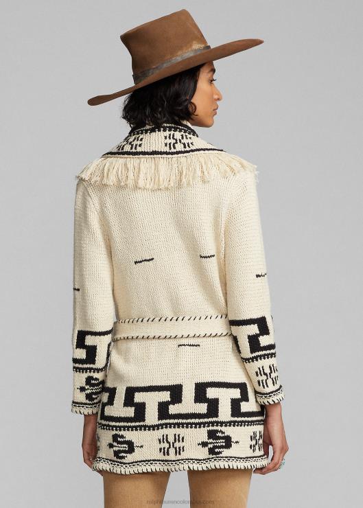 cárdigan tejido a mano de lino y algodón con flecos mujer crema/negro Ralph Lauren 2XR2V3619