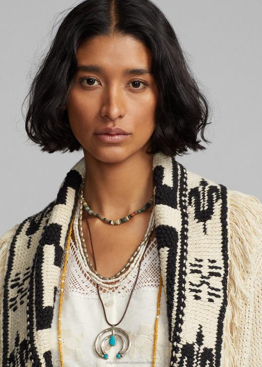 cárdigan tejido a mano de lino y algodón con flecos mujer crema/negro Ralph Lauren 2XR2V3619
