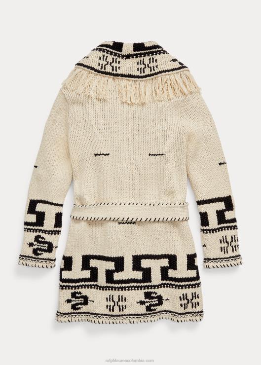 cárdigan tejido a mano de lino y algodón con flecos mujer crema/negro Ralph Lauren 2XR2V3619
