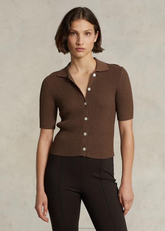 cárdigan tipo polo de punto de canalé mujer chocolate Cafe Ralph Lauren 2XR2V3185