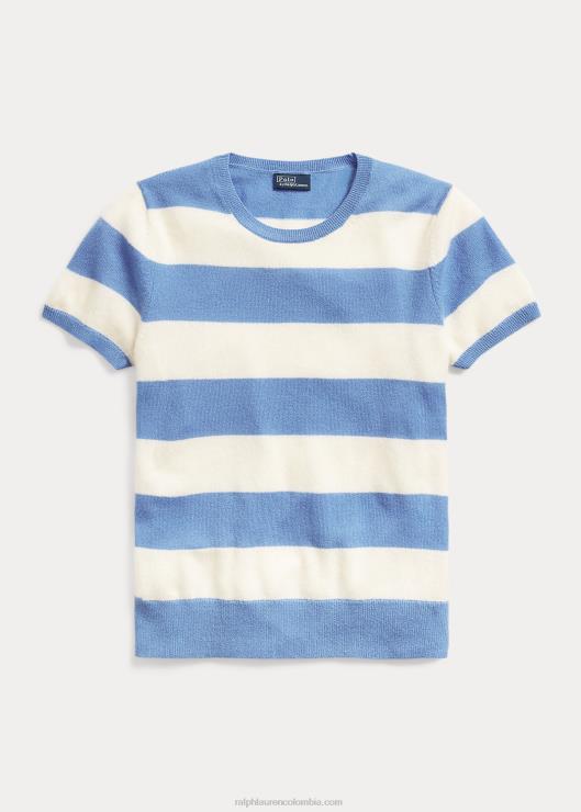 jersey de cachemir a rayas de manga corta mujer crema/azul isla puerto Ralph Lauren 2XR2V3043