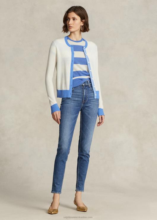 jersey de cachemir a rayas de manga corta mujer crema/azul isla puerto Ralph Lauren 2XR2V3043