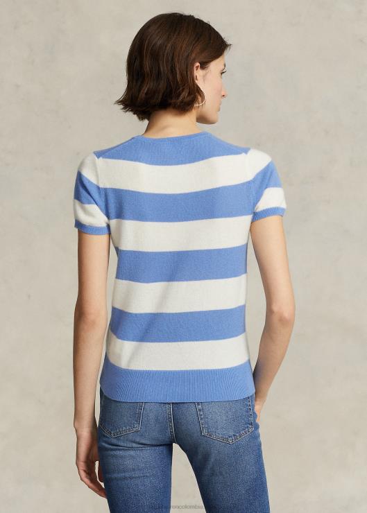 jersey de cachemir a rayas de manga corta mujer crema/azul isla puerto Ralph Lauren 2XR2V3043