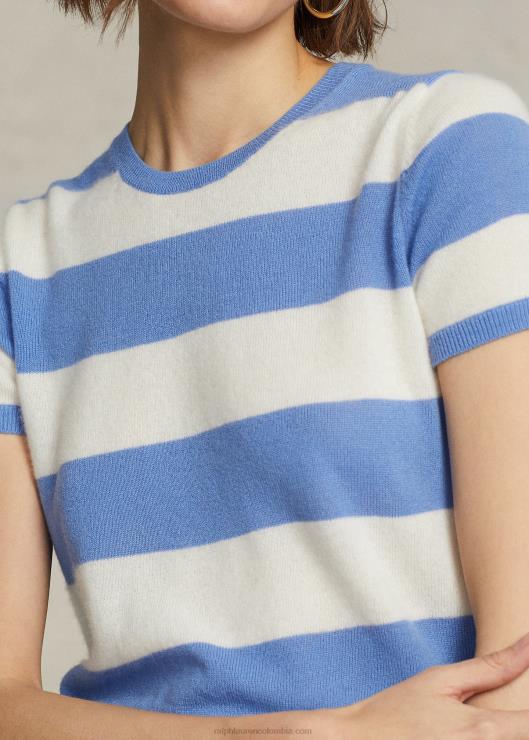 jersey de cachemir a rayas de manga corta mujer crema/azul isla puerto Ralph Lauren 2XR2V3043