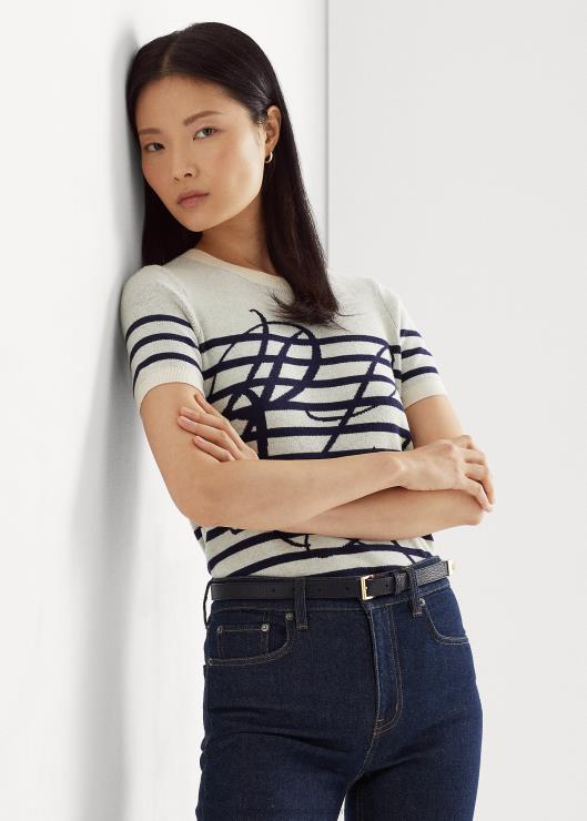 jersey de manga corta con rayas del logo mujer crema mascarpone/azul marino Ralph Lauren 2XR2V3996