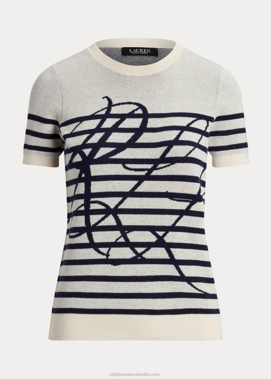 jersey de manga corta con rayas del logo mujer crema mascarpone/azul marino Ralph Lauren 2XR2V3996