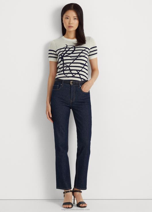 jersey de manga corta con rayas del logo mujer crema mascarpone/azul marino Ralph Lauren 2XR2V9479