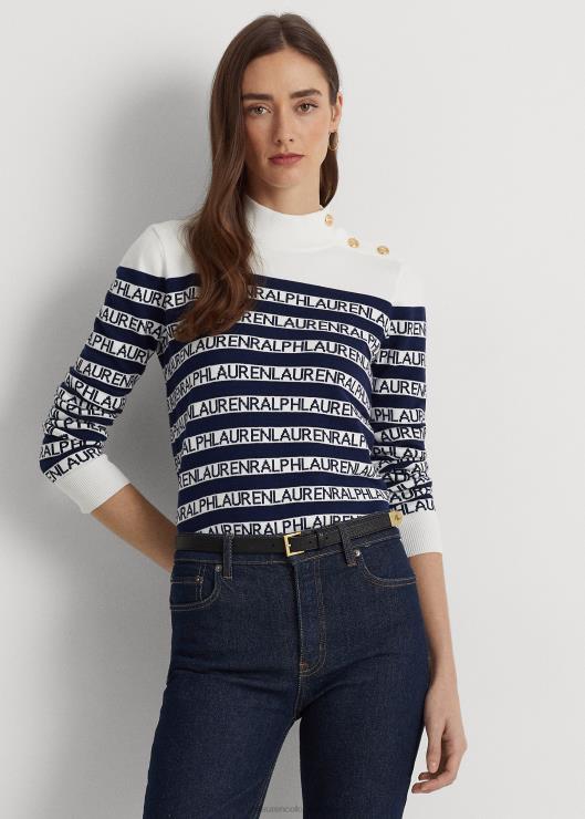 suéter a rayas de mezcla de algodón con cuello alto mujer blanco/azul marino refinado Ralph Lauren 2XR2V4901