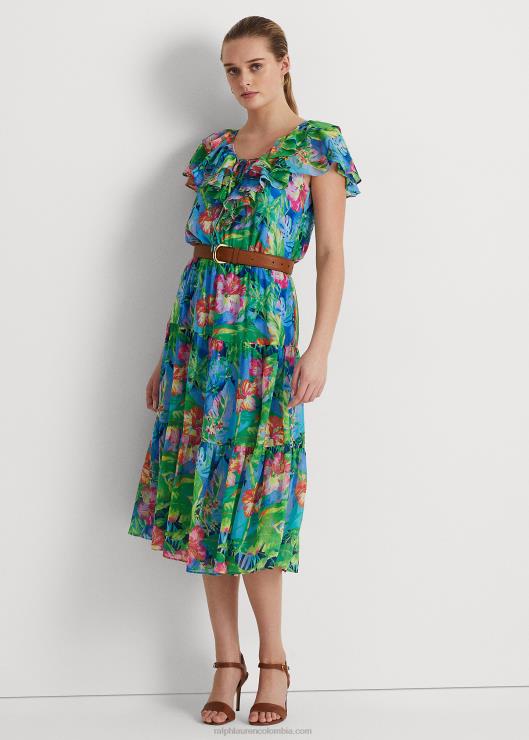 vestido a capas de georgette arrugado floral mujer verde/azul multicolor Ralph Lauren 2XR2V3928