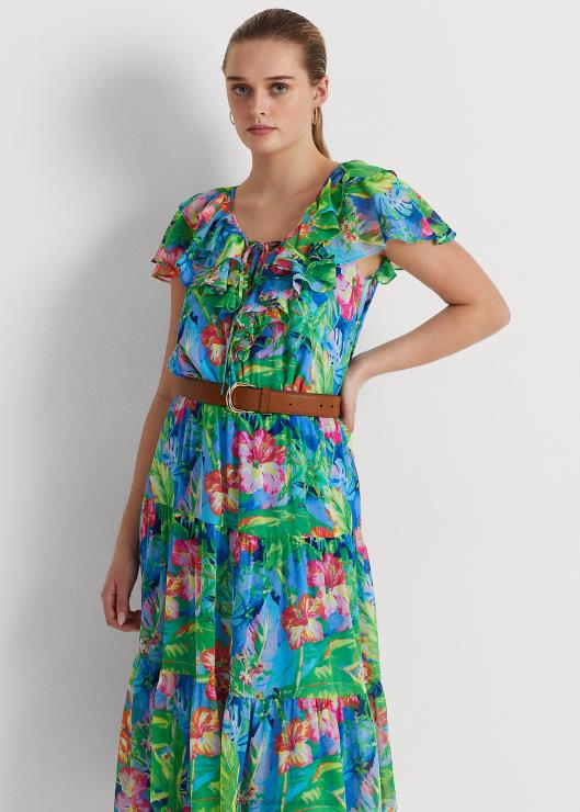 vestido a capas de georgette arrugado floral mujer verde/azul multicolor Ralph Lauren 2XR2V3928