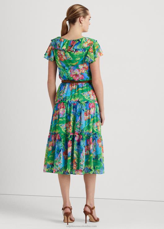 vestido a capas de georgette arrugado floral mujer verde/azul multicolor Ralph Lauren 2XR2V3928