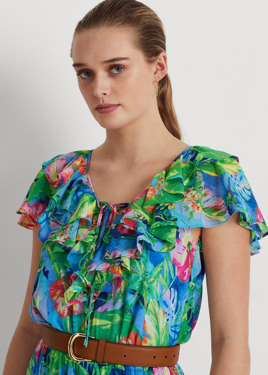 vestido a capas de georgette arrugado floral mujer verde/azul multicolor Ralph Lauren 2XR2V3928