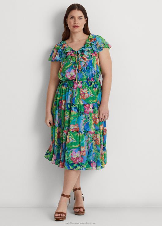vestido a capas de georgette arrugado floral mujer verde/azul multicolor Ralph Lauren 2XR2V9482